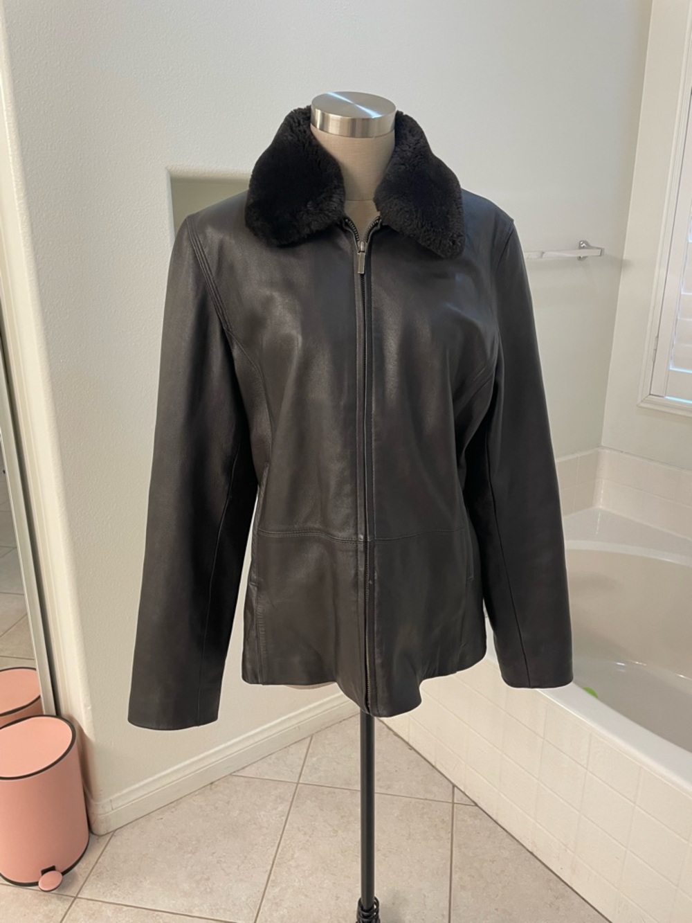 Women's chocolate brown Leather Zip Jacket with Faux Fur Collar